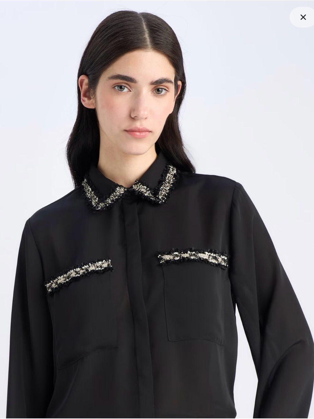 Zara Black Button-Down Blouse with Tweed Trim